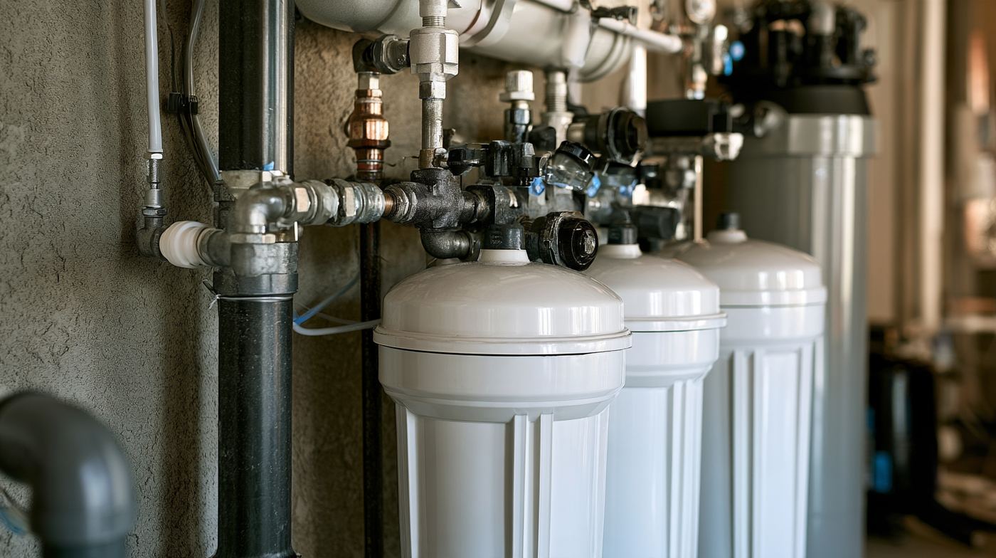 Filter housings and valves on a home&rsquo;s main water line