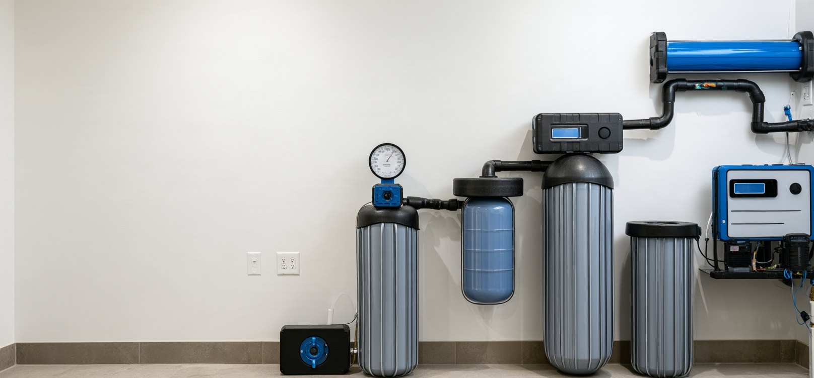 Well water treatment on a utility room wall: pressure tank, filter housings and a control valve