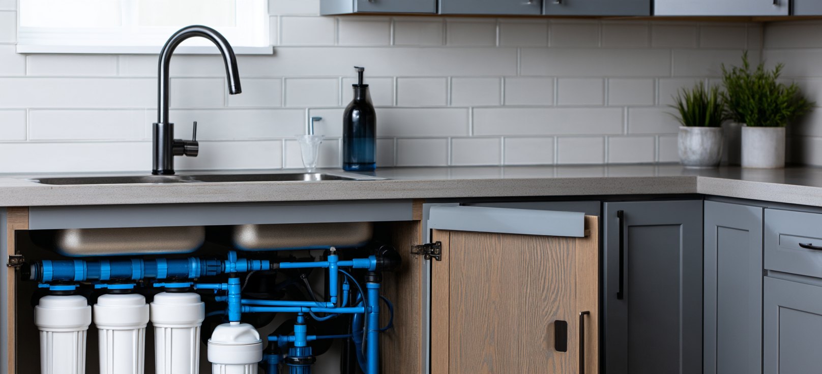 Kitchen with whole-home filter housings plumbed in under the sink