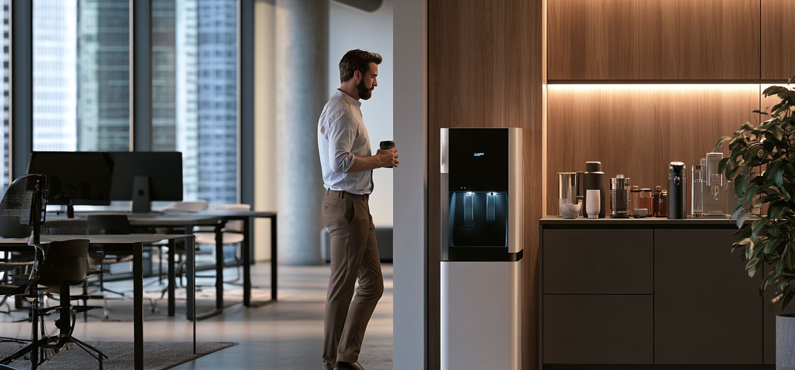 Office kitchen with a plumbed-in bottleless water cooler