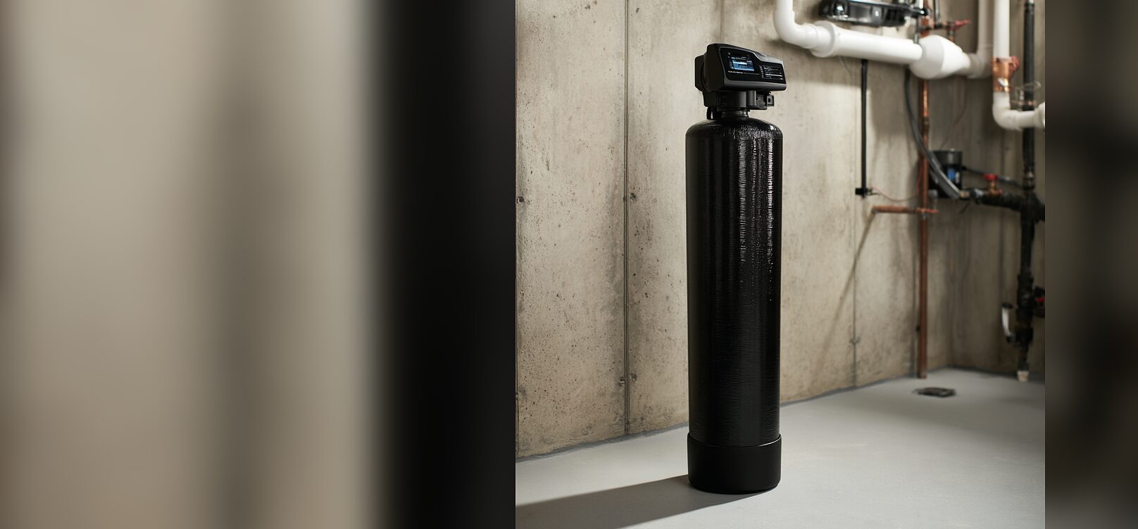 Water softener tank installed beside the main in a basement