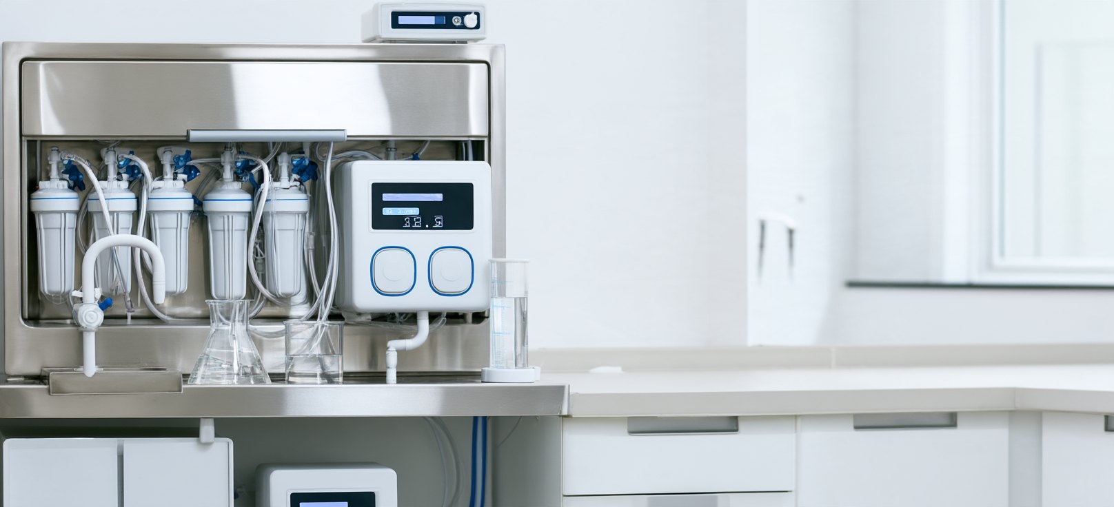 Laboratory water purification unit with filter cartridges and a monitoring display