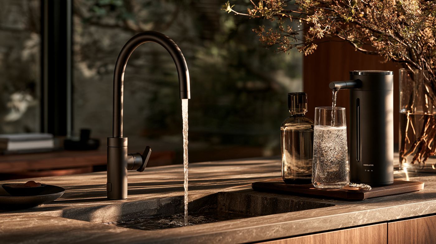 Filtered drinking water tap filling a glass