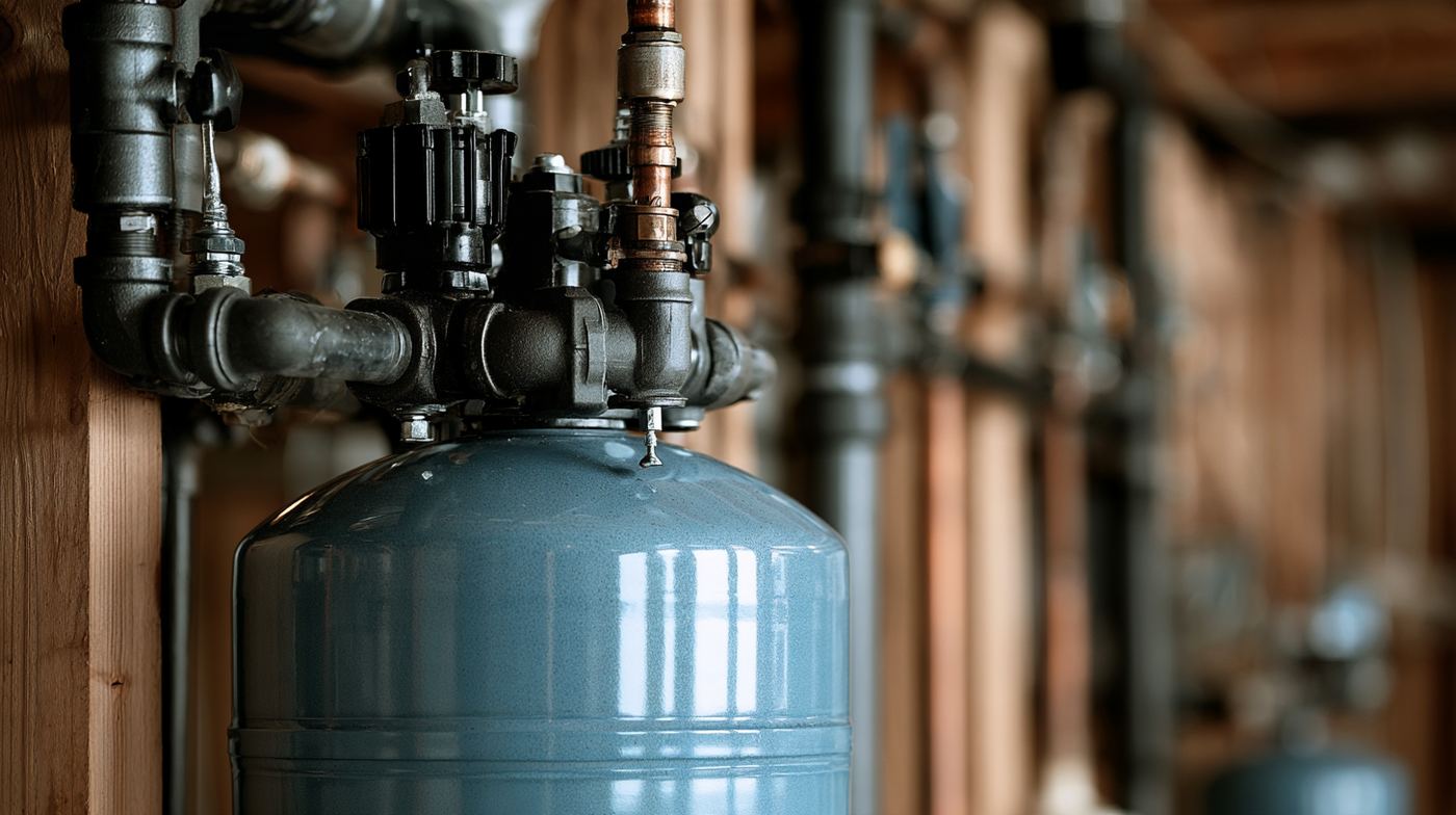 Well pressure tank and piping in a basement