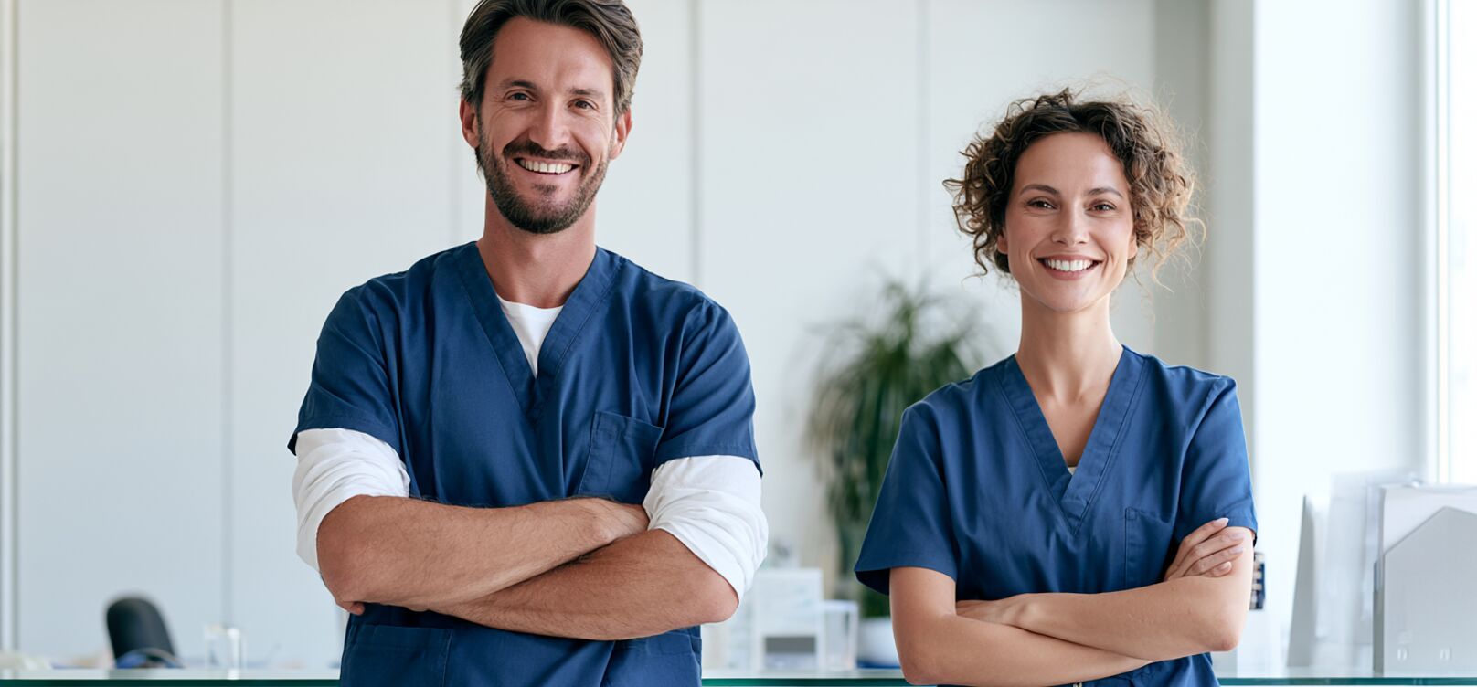 Smiling dental clinician in blue scrubs in a treatment room