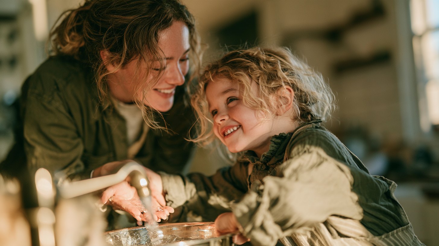 Parent and child washing their hands together at a kitchen sink
