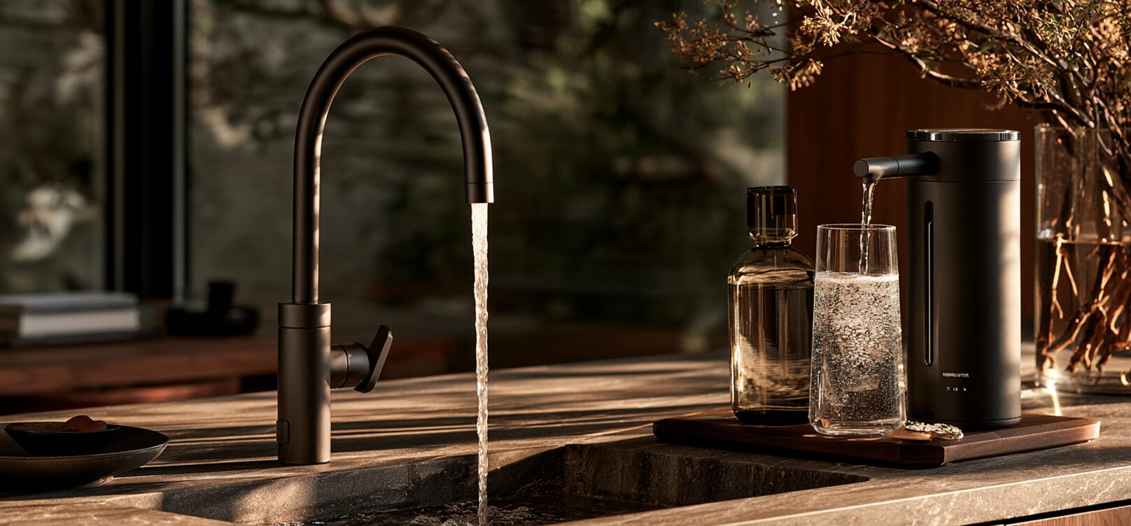 Filtered drinking water tap filling a glass at a kitchen counter