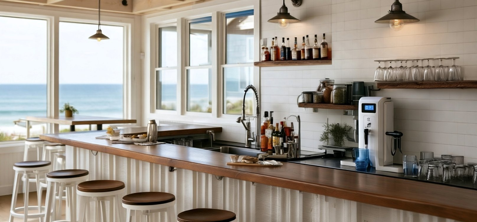 Seaside café counter with a filtered hot water dispenser and glassware