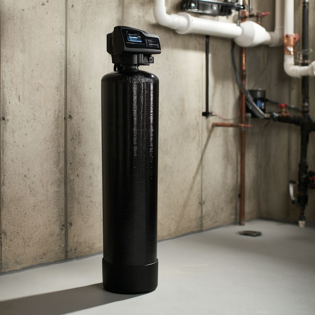Water softener tank in a basement